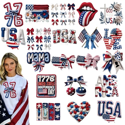 Dazoratix 4th of July Iron on Transfers - 20 Sheets Patriotic USA Flag Bow DTF Ready to Press 250th Anniversary Independence Day America Heat Patches Sticker Vinyl Decal for T Shirts Clothes DIY Craft - style: 4th of July