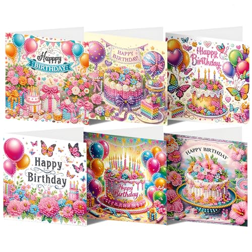 ACSAUMMY DIY Happy Birthday Diamond Art Painting Cards, 6 Pack Cake Gem Art Greeting Cards with Envelopes, 5D Diamond Dots Kits Birthday Cards Making Kits for Adults Family Friends Birthday Gifts - color: Cake-6pcs