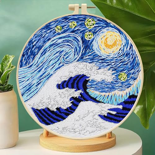 Zhenqing Ocean Wave Embroidery Kit for Beginners, Starry Sky Needlework Kit with Pre-Printed Fabric, Hoop, Threads & Tools, Celestial Wall Decor (S-CX0470) - color: Wave & Starry Sky