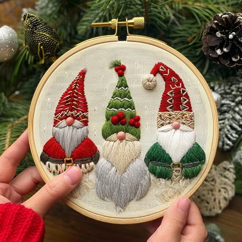 Christmas Embroidery Kit DIY Hand Embroidery Starter Cross Stitch Kits, Christmas Ornaments Embroidery with Stamped Pattern,Cotton,Threads,Needles,Instructions for Adults Beginners (Gnome 3) - color: Gnome 3