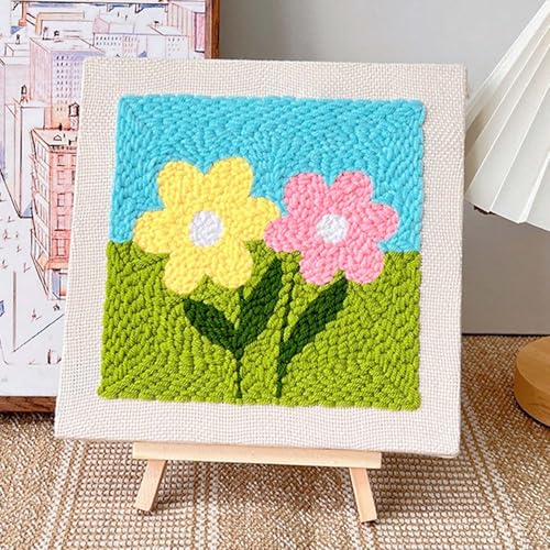 Allazone Punch Needle Starter Kit, Embroidery Frame With Square Fabric, Flower Pattern, Hoop, Yarns (Yellow and Pink Flowers) - color: Green Blue