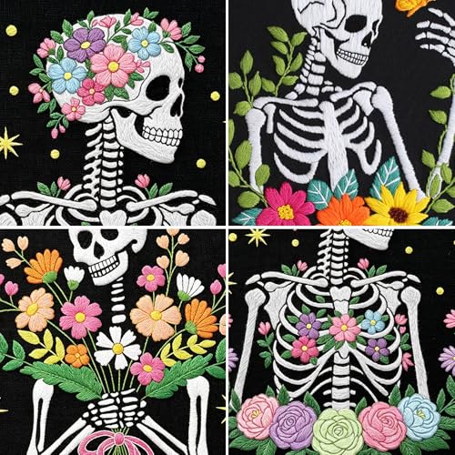 Louise Maelys 3 Pack Embroidery Kit for Beginners Floral Halloween DIY - color: Floral Skeleton