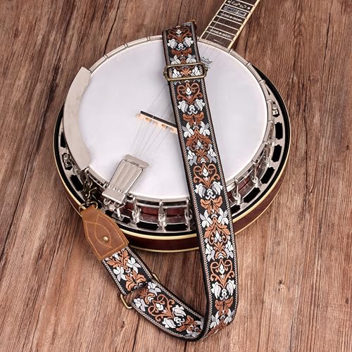 Nefelibata Banjo Strap,2"Wide Double Crazy Horse Leather Jacquard Embroidery Strap Adjustable Replacement,Multi-pattern Strap With Metal Clips - color: A#-embroidery Yellow