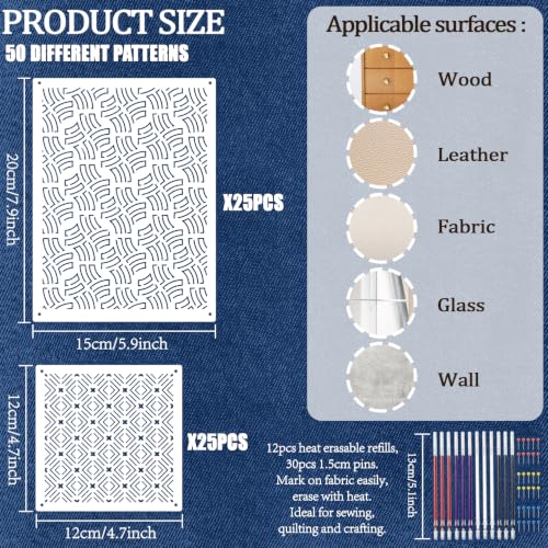 50 Pcs Sashiko Stencil Kit, Plastic Texture Template Pattern - color: Needle and Pen-Color2