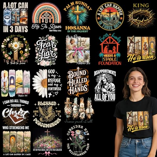 Dazoratix Christian Iron on Transfers - 20 Sheets Jesus Religious DTF Ready to Press Bible Verse Cross Heat Patches Stickers Vinyl Decals for T Shirts Clothes Bag Pillow DIY Crafts Applique Decoration - style: Christian