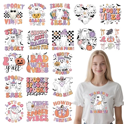 Dtf Transfers Ready to Press - 20 Pcs Halloween Iron on Patches for T-Shirts, Cut Ghost Bat Heat Transfer Designs Vinyl Stickers, Iron on Decals for DIY Clothes Bags - color: Halloween