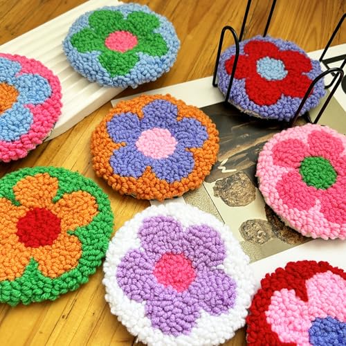 SEREDH Punch Needle Kit for Beginners Adults Easy Needle Punch Embroidery Set Including Threader Instruction Fabric Hoop Yarn Coaster DIY Making Kit Supplies,Set of 8 Flower Art Crafts Gifts - color: Flower