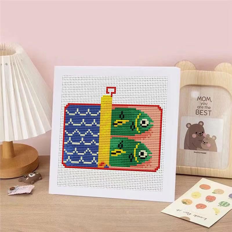Canned Fish Stamped Cross Stitch Kits for Adults Beginners with Frame - color: Sardine