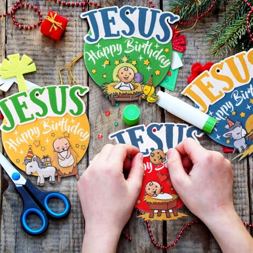 HunnmingRe 24 Set Happy Birthday Jesus Craft Kit Christmas Felt DIY Wall Hanging Ornaments for Sunday School Classroom Religious Christian Xmas Party Game Favor Gifts
