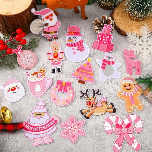 AUGSUN 36pcs Pink Christmas Iron on Patches Xmas Embroidered Sew Applique - style: Pink Christmas