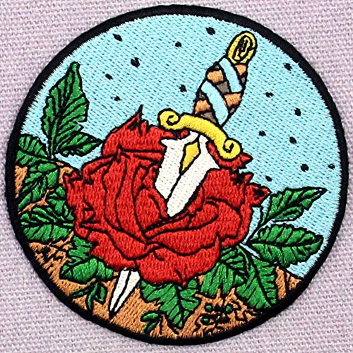 Rose and Dagger Patch Embroidered Applique Badge Iron On Sew On Emblem