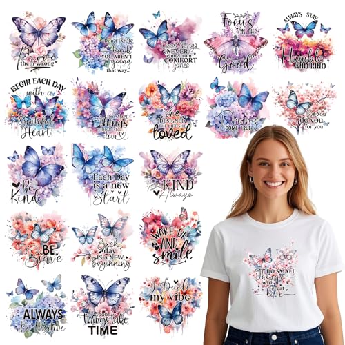 Wxiben Butterfly Iron on Transfers for T-Shirts - 20Pcs Butterfly Inspirational Dtf Transfers Ready to Press Heat Transfer Vinyl Stickers Flying Animal Floral Iron on Decals for Clothes Bag DIY Crafts - style: Butterfly Inspirational
