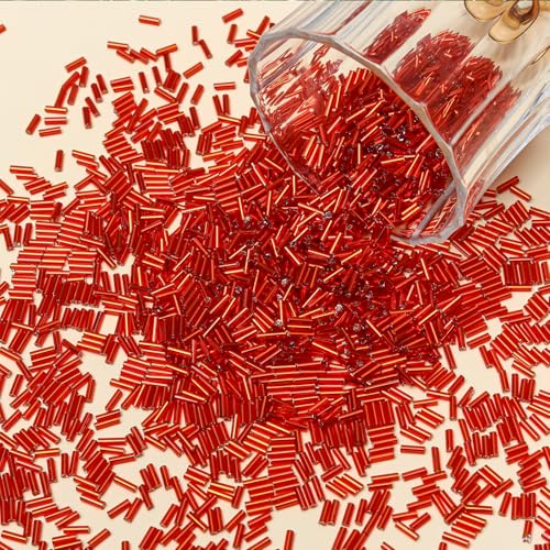 4200pcs Glass Bugle Beads, Mini Long Tube Seed Beads Bulk, Tiny Small Loose Spacer Embroidery Beaded for Bracelets Jewelry Making Sewing, Crafts, Christmas Ornaments, 2×6mm, Red - color: Red