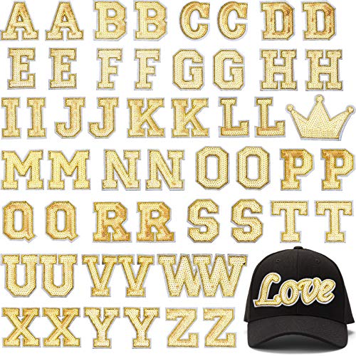 54 Pieces Iron on Sequin Letters Alphabet Patches Iron on Appliques Love Design Sew on Patches Glitter Hotfix for Bag Shoes DIY Craft Supplies(Gold) - color: Gold