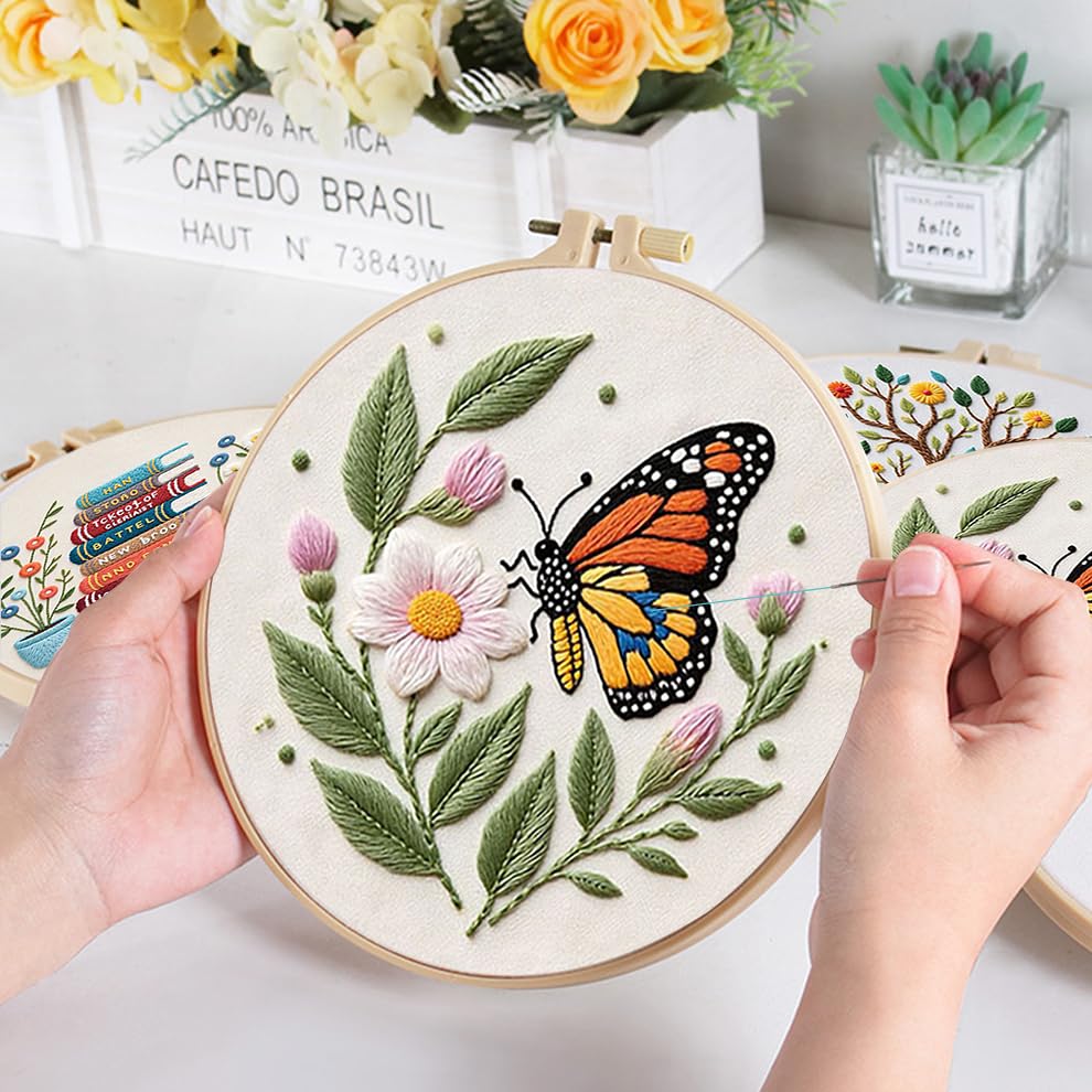 KEKEMEOW 3 Sets Embroidery Kit for Beginners, Stitches with Books and Flowers, Embroidery Stitch Practice kit for Adults Craft Lover, Cross Stitch Kit with Pattern、Instruction、Hoop - color: Book and flower