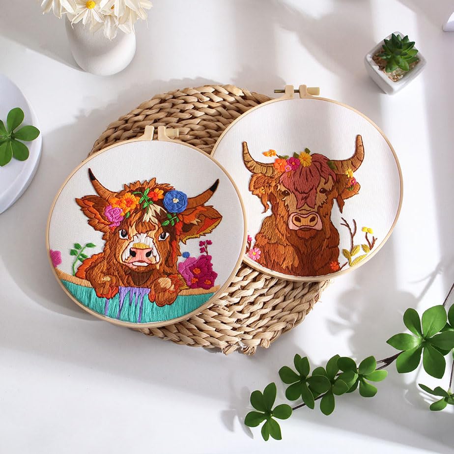 Offizon 2 PCS Embroidery Kit for Beginners Stamped Cos Pattern - color: Cow (2 Pack)