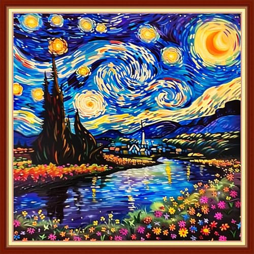 Funchey Stamped Cross Stitch Kits, DIY Cross Stitch Pattern for Adults Beginners Needlepoint Kits Embroidery Kit Arts and Crafts 11CT&Van Gogh Starry Sky Flower 18x18 inchs - color: HandicraftColor03