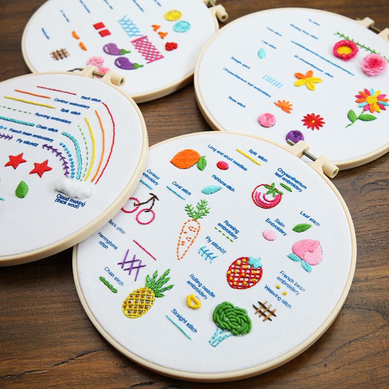 Mozzyyee 4 Sets Embroidery Starter Kit for Beginners Adults Include 4 Embroidery Clothes with Instructions Hoops Floss Thread Fabric Needles (Rainbow) - color: Rainbow