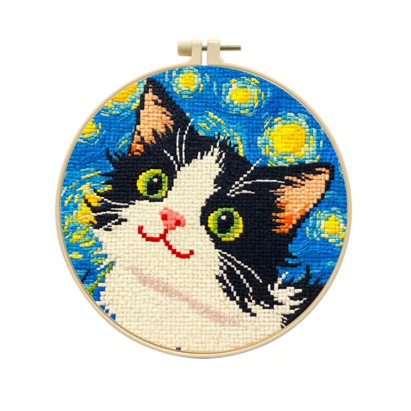 LSLFQYQSK Beginners Embroidery Kits - The Little Cat at Night DIY Cross Stitch Kits,Including,Stamped Flower Patterns,Hoop,Color Threads,Tools (Style C) - style: Style C