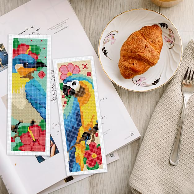 INFUNLY 6PCS Blue Bird Cross Stitch Bookmark Kit for Adult 3×8.5inch Parrot Stamped Embroidery Bookmark Kits with Flower Birds Needlepoint Bookmark Kit with Instruction for Book Lovers Readers - style: Blue Parrot
