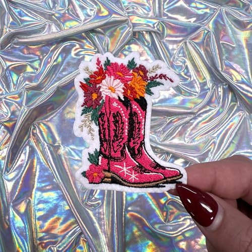 Cowgirl Boots with Flowers Patch, 2.5" x 3", 2-Pack, Embroidered Iron-On for Hats, Bags, Jackets - color: Cowgirl Boots with Flowers