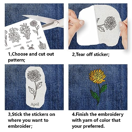 BENECREAT 4 Sheets 63PCS Stick and Stitch Embroidery Paper, Birth Month Flower Theme Stabilizer Water Soluble Hand Sewing for Carves, Shirts, Coats, Bags, Towels - color: Birth Month Flower