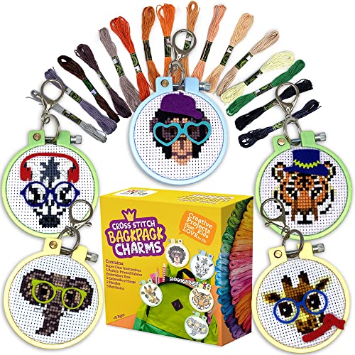 Safari Cross Stitch Kits for Kids - 5 Stamped Beginner Needlepoint Sets - color: Wild Animals