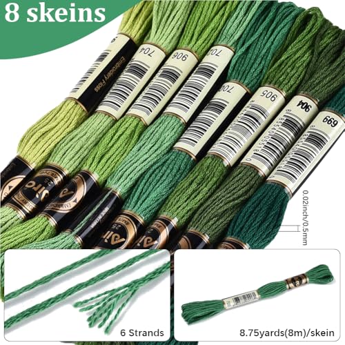 70 Yards 8 Skeins Gradient 6 Strands Green Embroidery Floss Polyester Variegated Cross Stitch Thread Friendship Bracelet String Threads Bulk Set for Hand Sewing Making Needlecraft Supply - color: Multi Green, size: 70 Yards