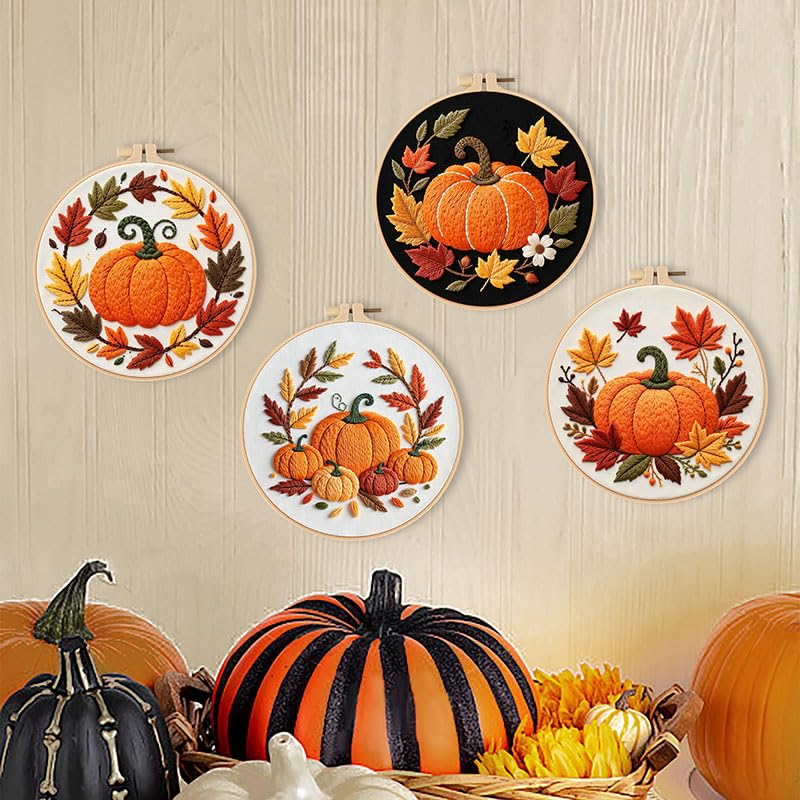 Konrisa Pumpkin Embroidery Kits, Stamped Embroidery Starter Kit for Adult with Hoop,Needlepoint Cross Stitch Kit,Set of 3 - color: yellow pumpkin