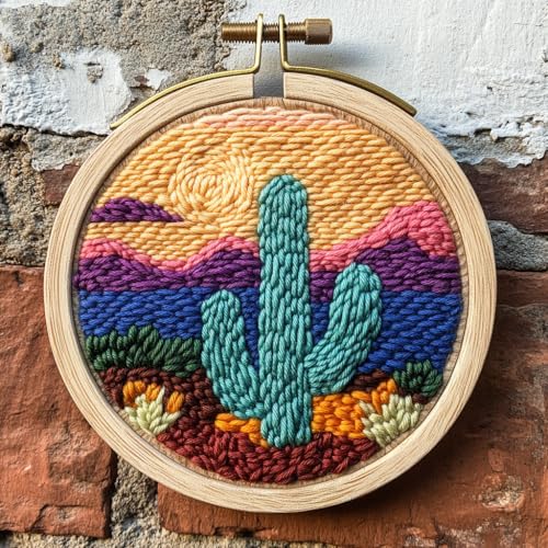 DIY Punch Needle Kit Cactus Sunset with Hoop 20x20cm - color: 05-Cactus