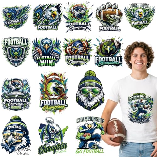 Dazoratix Football Iron on Transfers - 16 Sheets Sport DTF Ready to Press Bulk Heat Patches Game Day Sticker Rugby Ball Lovers Vinyl Decal for T Shirts Clothing Pillow Bag Hat DIY Crafts Decorations - style: Football