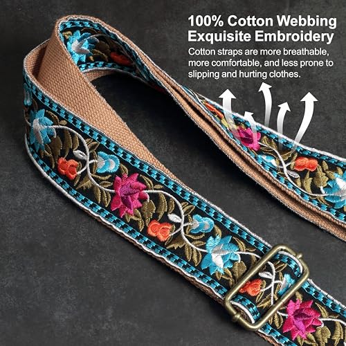 Nefelibata Banjo Strap, 2" Wide Double Crazy Horse Leather Jacquard Embroidery Strap Adjustable Replacement,Multi-pattern Strap With Metal Clips - color: Ab#-retro Floral