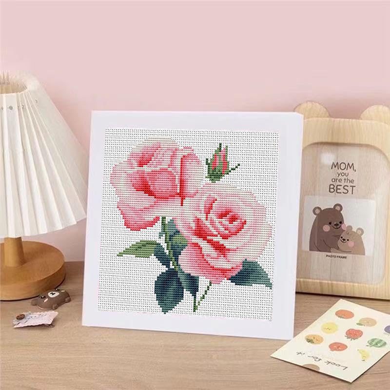 Pink Roses Stamped Cross Stitch Kits for Adult Beginner with Wooden Frame - color: Peony Cross Stitch with Framed