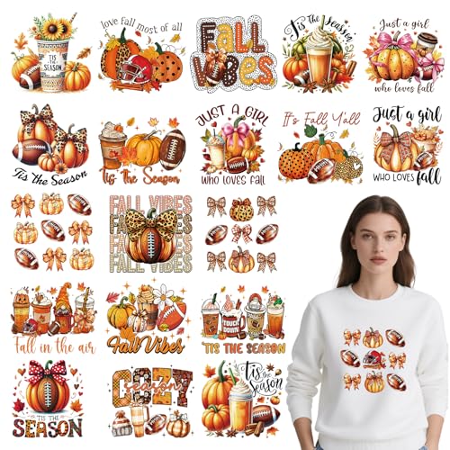 Fall Iron on Transfers for Tshirts - 20Pcs Dtf Transfers Ready to Press, Autumn Pumpkin Iron on Decals Patches, Fall Harvest Season Heat Sublimation Stickers for DIY Clothes Bags Pillows - color: Fall776