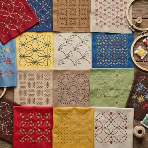 32 Pcs Sashiko Stencil, 5.12 x 5.12 Inch Quilting Stencils, Geometric Pattern Drawing Line Embroidery Template, Embroidery Pattern Stabilizer for Sewing Hand Quilting and Crafting
