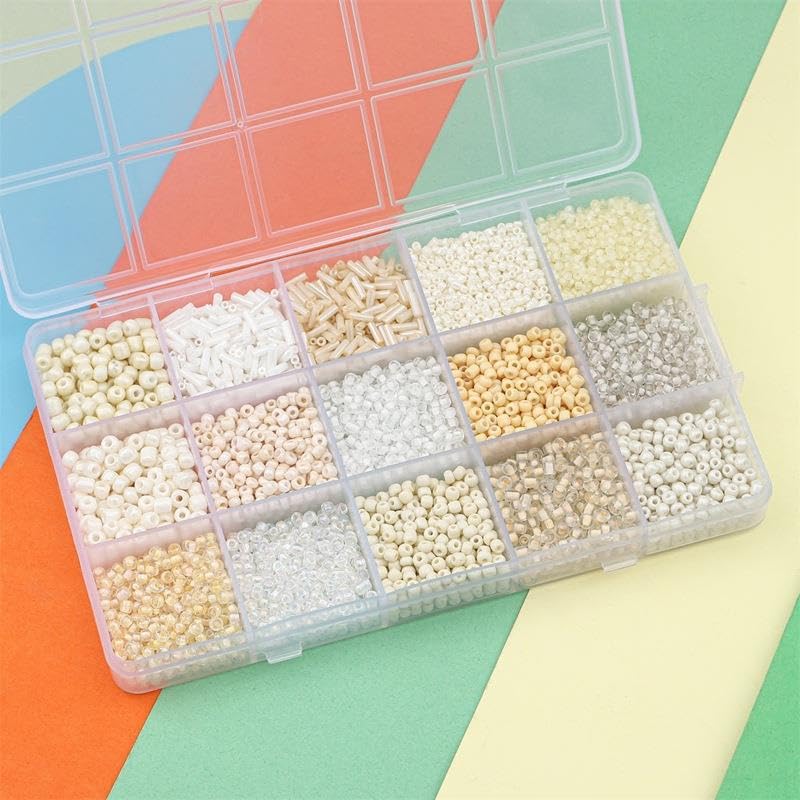 15 Color Glass Seed Tube Bugle Beads Bracelet Jewelry Making Kit,White - color: Off-white