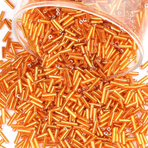 4000 Pcs Bright Orange Glass Bugle Beads, 2 x 7 mm Embroidery Beads, Small Long Tube Seed Beads for Embroidery Craft Jewelry Making - color: Bright Orange