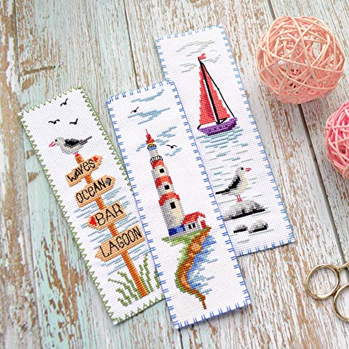Povitrulya Seagull Cross Stitch Bookmark - Seaside Beach Embroidery Set with Paper Pattern, 16 Count Aida Cloth and Pre-Sorted Floss - color: Seagull