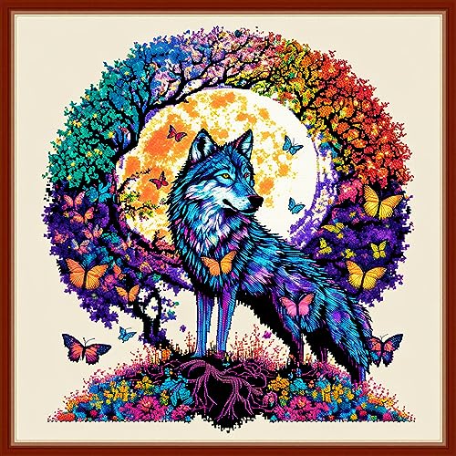 Dimensean Stamped Cross Stitch Kits Full Range of Embroidery Patterns Starter Kits for Beginners Adult DIY Cross Stitches Needlepoint Kits 11CT-Wolf Wreath 17.7x17.7 inch - color: Pattern Style 04