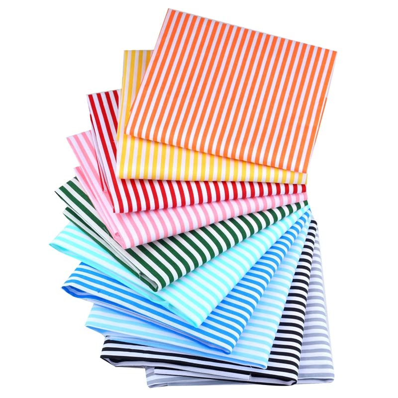 AMORNPHAN Multicolors White Stripes Printed 100% Twill Cotton Quilting Bundles Fabric for Patchwork Needlework DIY Sewing Crafting Precut Face Mask 16x20 Inches (40x50cm.) Set of 10 Pieces (Stripes) - color: Stripes