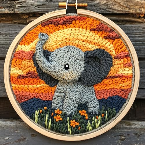 DIY Punch Needle Kits Cartoon Grey Elephant Sunset with Hoop 20x20cm-8 - color: 11-Elephant