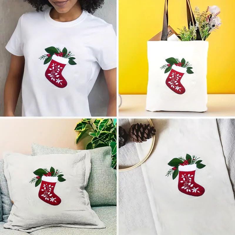 Zhenqing Christmas Stocking Embroidery Kit for Beginners, Red Stocking Needlework Kit with Pre-Printed Fabric, Hoop, Threads & Tools (C0035) - style: Classic Christmas Stocking