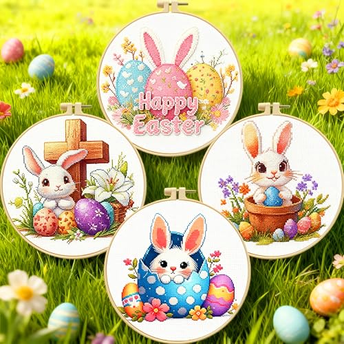 Zhenging Easter Cross Stitch Kit with 4 Bunny & EggPatterns -9.45x9.45 Inch Hoop, Pre-Printed Fabric,Threads, Tools -DlY Easter Craft Gift for Adults, HomeDecor - color: 69461