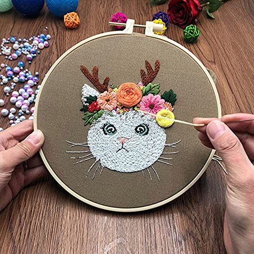 Mozzyyee Embroidery Starter kit, DIY Adult Beginner Embroidery Kits, Including Cloth with Cat Patterns, Colored Threads, Needles, Hoops and Instructions (Gray) - color: Gray