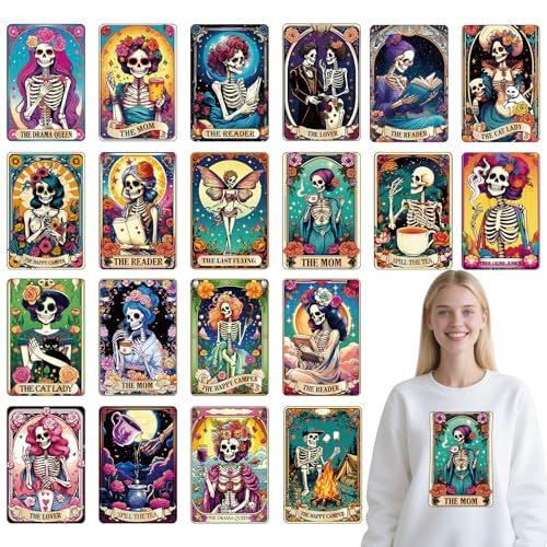 Dtf Transfers Ready to Press - 20 Pcs Tarot Skeleton Iron on Patches for T-Shirts, Gothic Halloween Skull Heat Transfer Design Vinyl Stickers, Iron on Decals for Women DIY Clothes - color: Tarot Skeleton