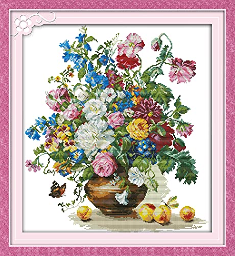 ITSTITCH Stamped Cross Stitch for Adults 11CT 25X25 inch DIY Embroidery Starter Kits Easy Patterns Embroidery for Hand Crafts DMC Printed Cross Stitch Kits Supplies Needlework -Flower and Peach - color: Stamped 23×24 inch
