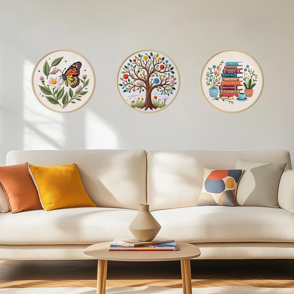 KEKEMEOW 3 Sets Embroidery Kit for Beginners, Stitches with Books and Flowers, Embroidery Stitch Practice kit for Adults Craft Lover, Cross Stitch Kit with Pattern、Instruction、Hoop - color: Book and flower