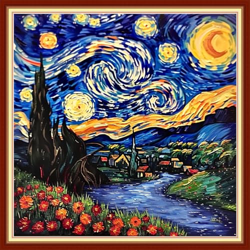 Redxing Stamped Cross Stitch Kits - Beach Night Landscape Counted Cross Stitch Kits for Beginners Adults Needlepoint Cross-Stitch Patterns-Van Gogh Starry Sky Flower Sea 18x18 inchs - color: ArtsKit01