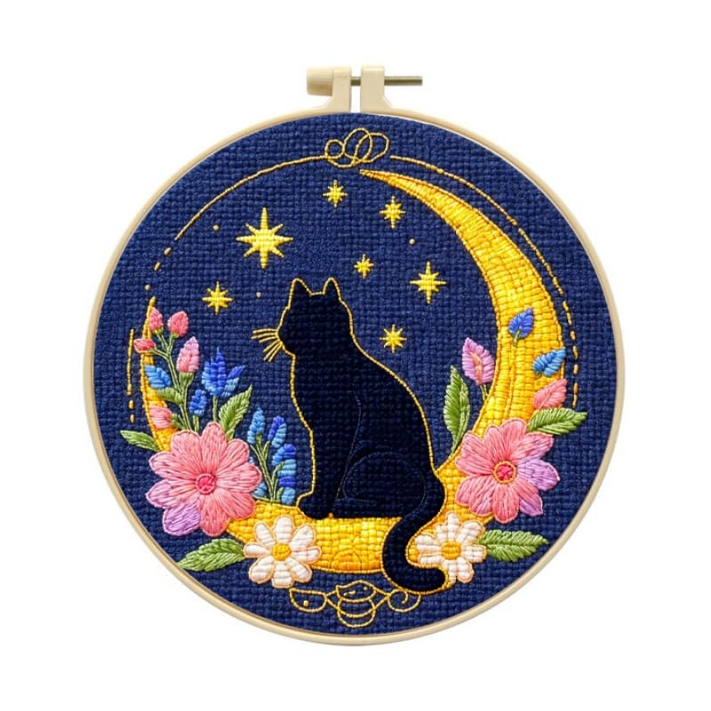 LSLFQYQSK Beginners Embroidery Kits - The Little Cat at Night DIY Cross Stitch Kits,Including,Stamped Flower Patterns,Hoop,Color Threads,Tools (Style B) - style: Style B