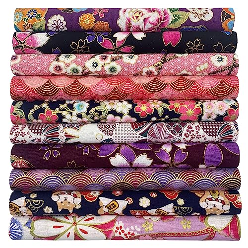 aufodara 10Pcs Cotton Craft Fabric Patchwork Bundle 20x25 cm, Japanese Style Printed Floral Beautiful Gold Patterns Bronzing Cloth for Sewing Quilting DIY Artcraft Handwork (Pink Purple) - color: Pink, Purple